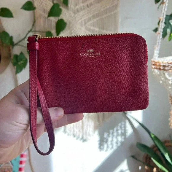 Coach Red Saffiano Leather Wristlet Pouch | Zip-Top Small Clutch | Wallet - Picture 2 of 11